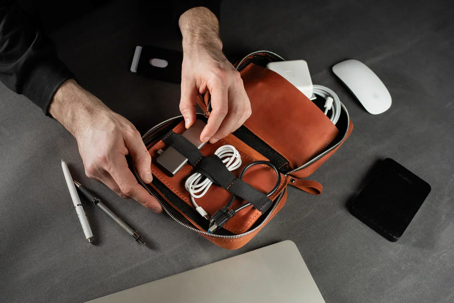 Distressed Leather Tech Organizer with Zipper | Tech & Cable Case