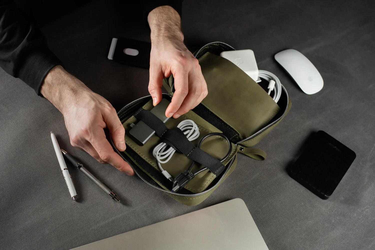 Distressed Leather Tech Organizer with Zipper | Tech & Cable Case