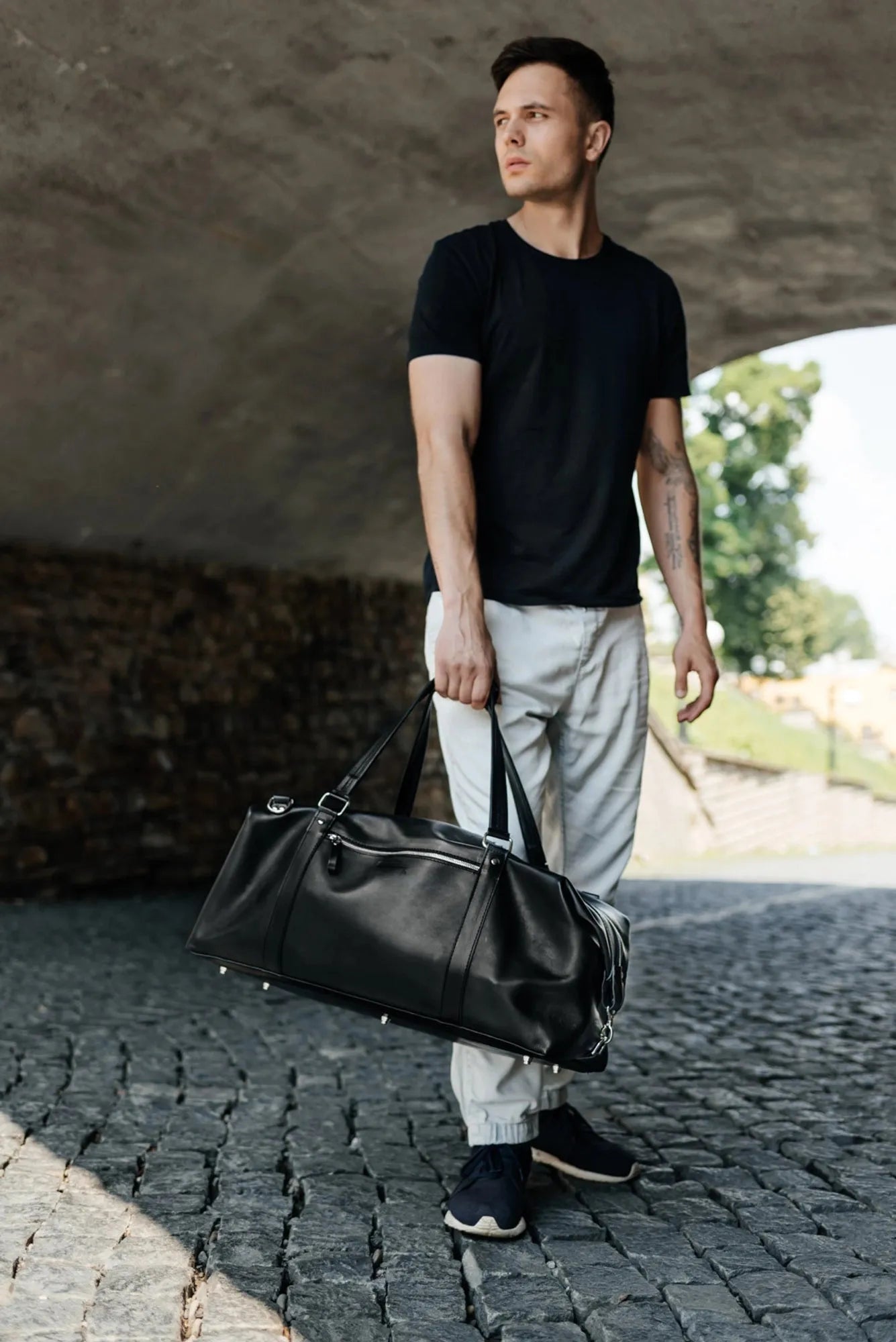 Travel Bag / Duffel Bag - Smooth leather Leather Duffel Bag - Stout | Black - Wenderfarer