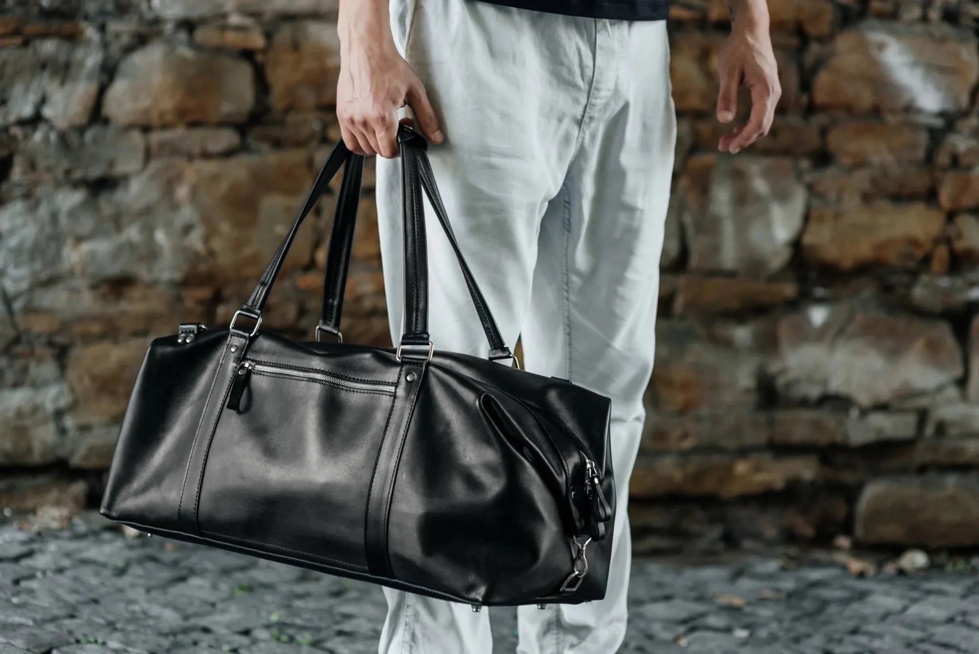 Travel Bag / Duffel Bag - Smooth leather Leather Duffel Bag - Stout | Black - Wenderfarer