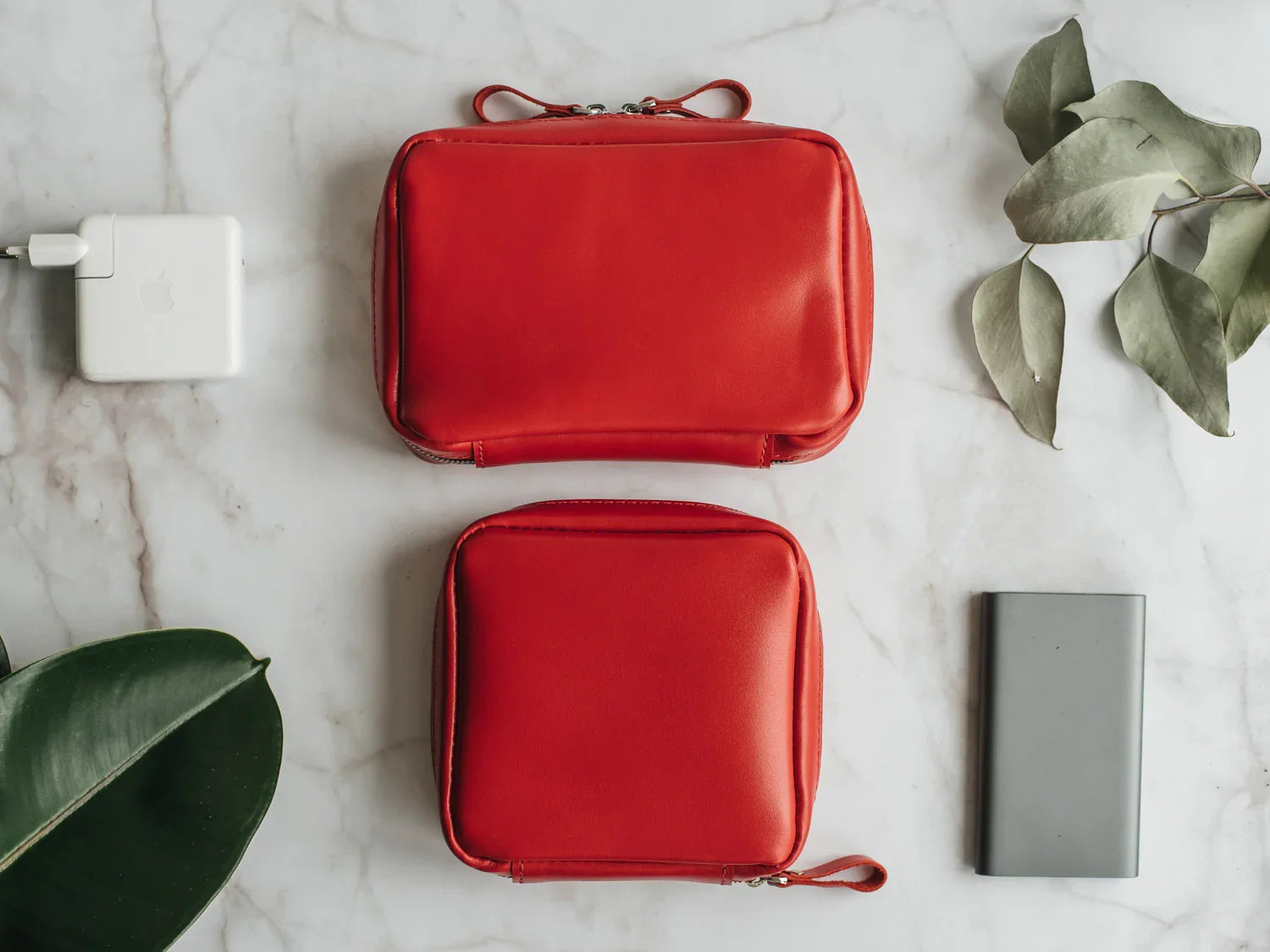 Zippered Leather Cable Organizer with Handle | Travel Tech Pouch