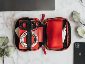 Zippered Leather Cable Organizer with Handle | Travel Tech Pouch