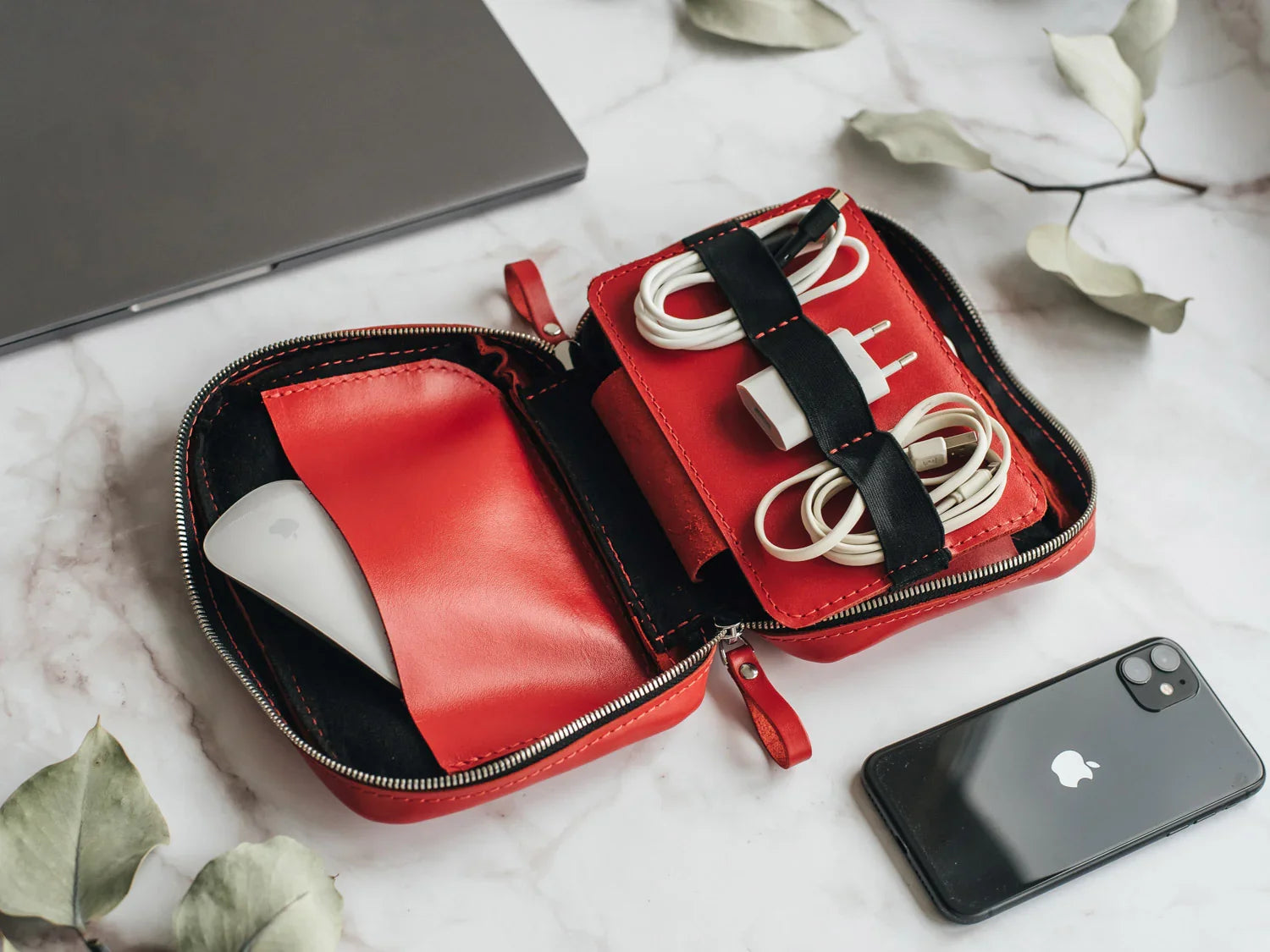 Zippered Leather Cable Organizer with Handle | Travel Tech Pouch