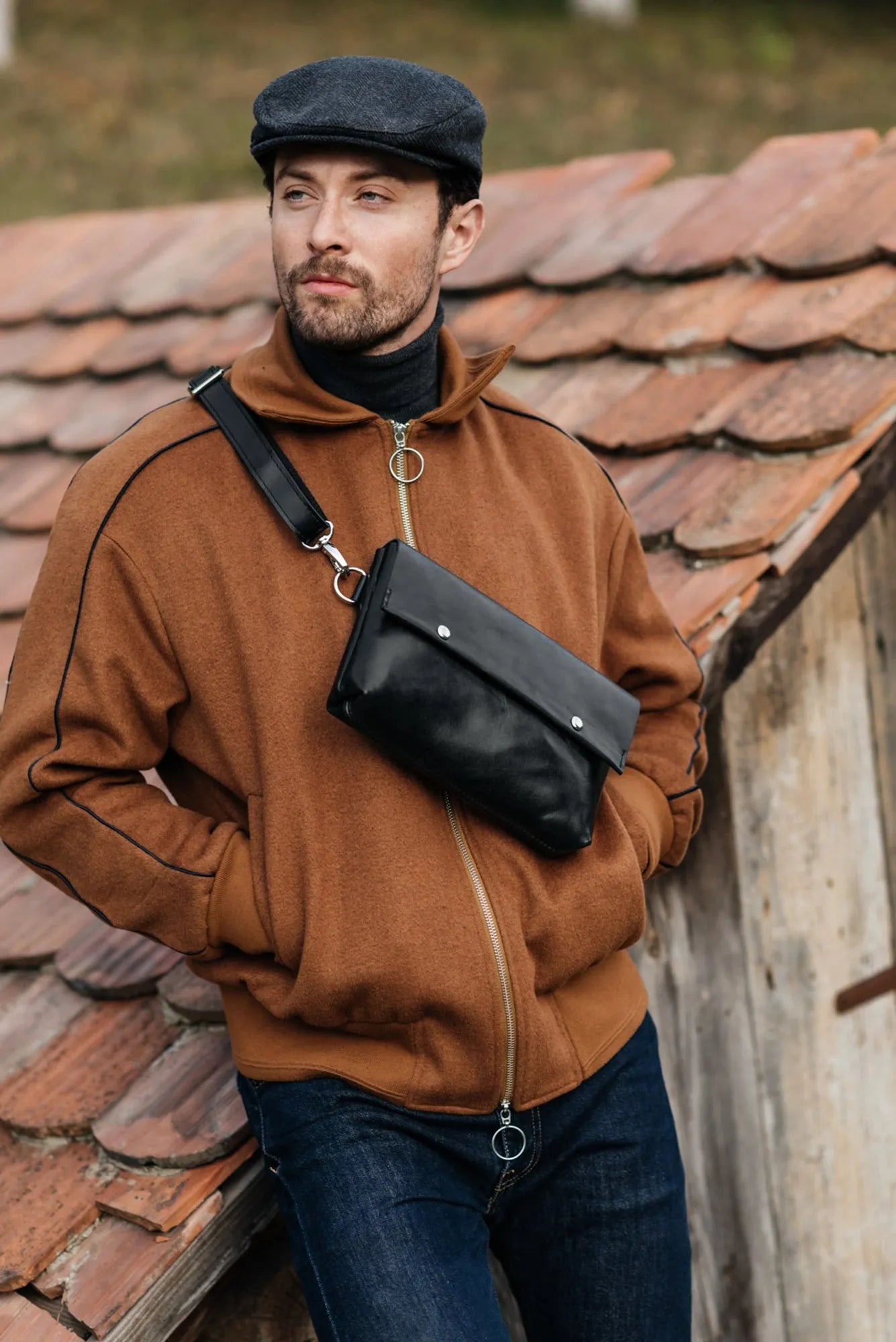 Men's Leather Crossbody Bag L | Smooth Black - Wenderfarer