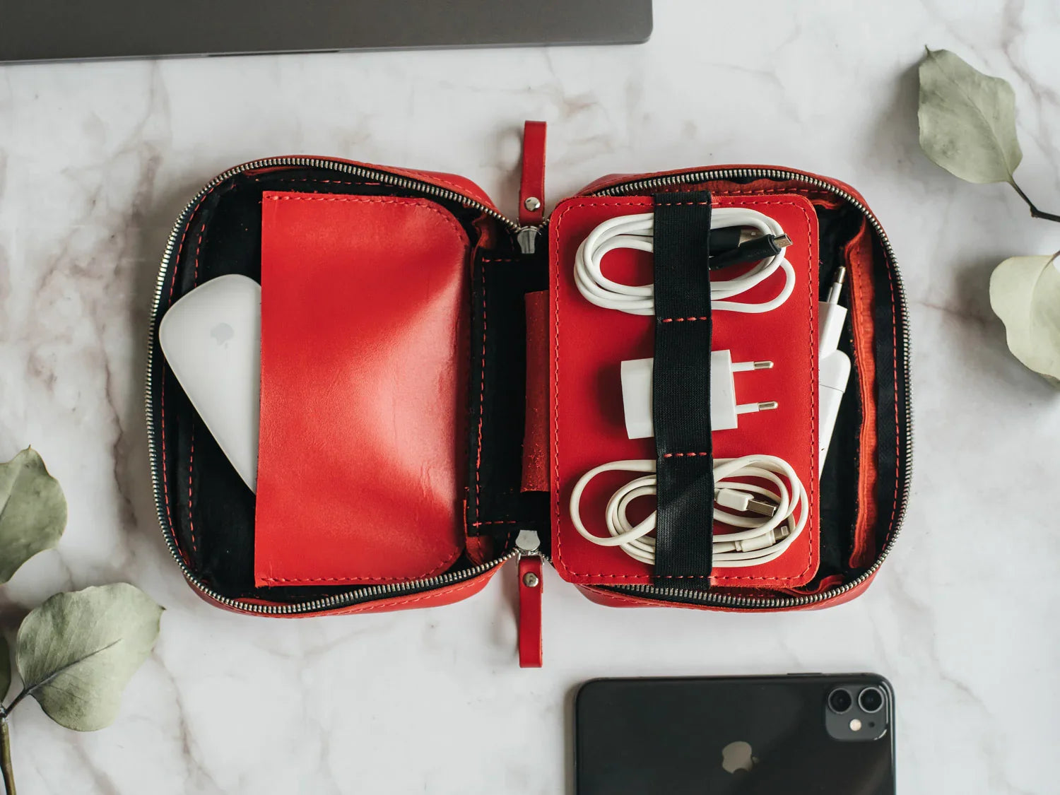 Zippered Leather Cable Organizer with Handle | Travel Tech Pouch