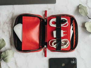 Zippered Leather Cable Organizer with Handle | Travel Tech Pouch