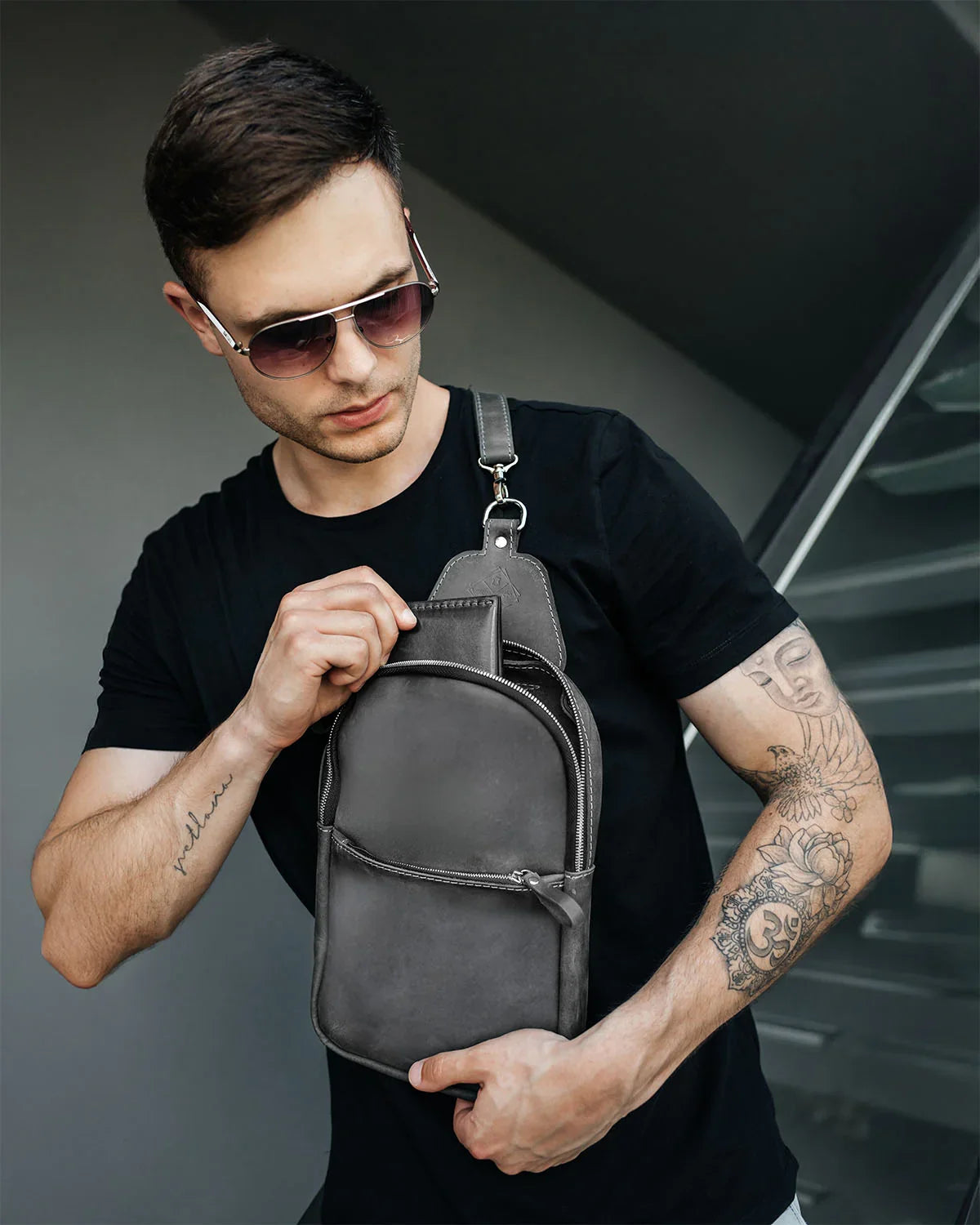 Matte Waxed Leather Sling Bag – Slim Crossbody & Semi-Backpack