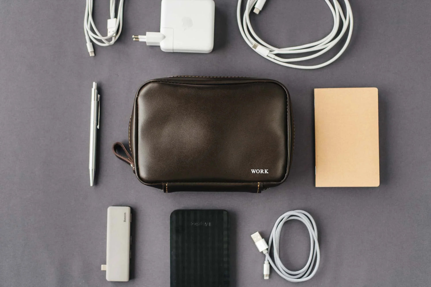 Zippered Leather Cable Organizer with Handle | Travel Tech Pouch