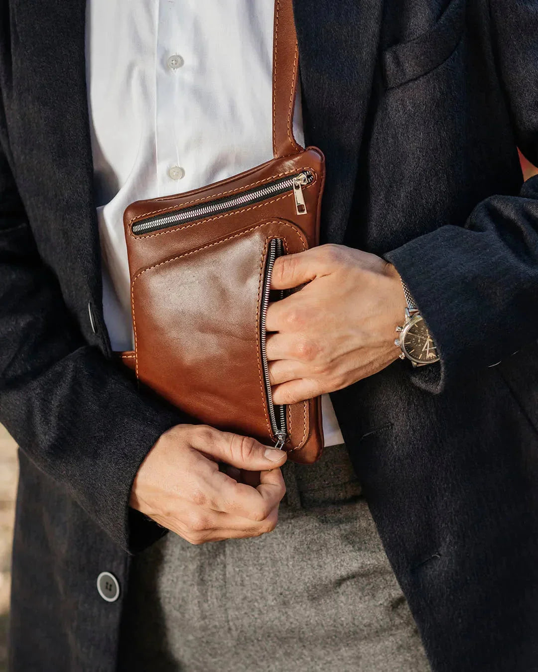 Smooth Leather Sling Bag for Men's | Hidden