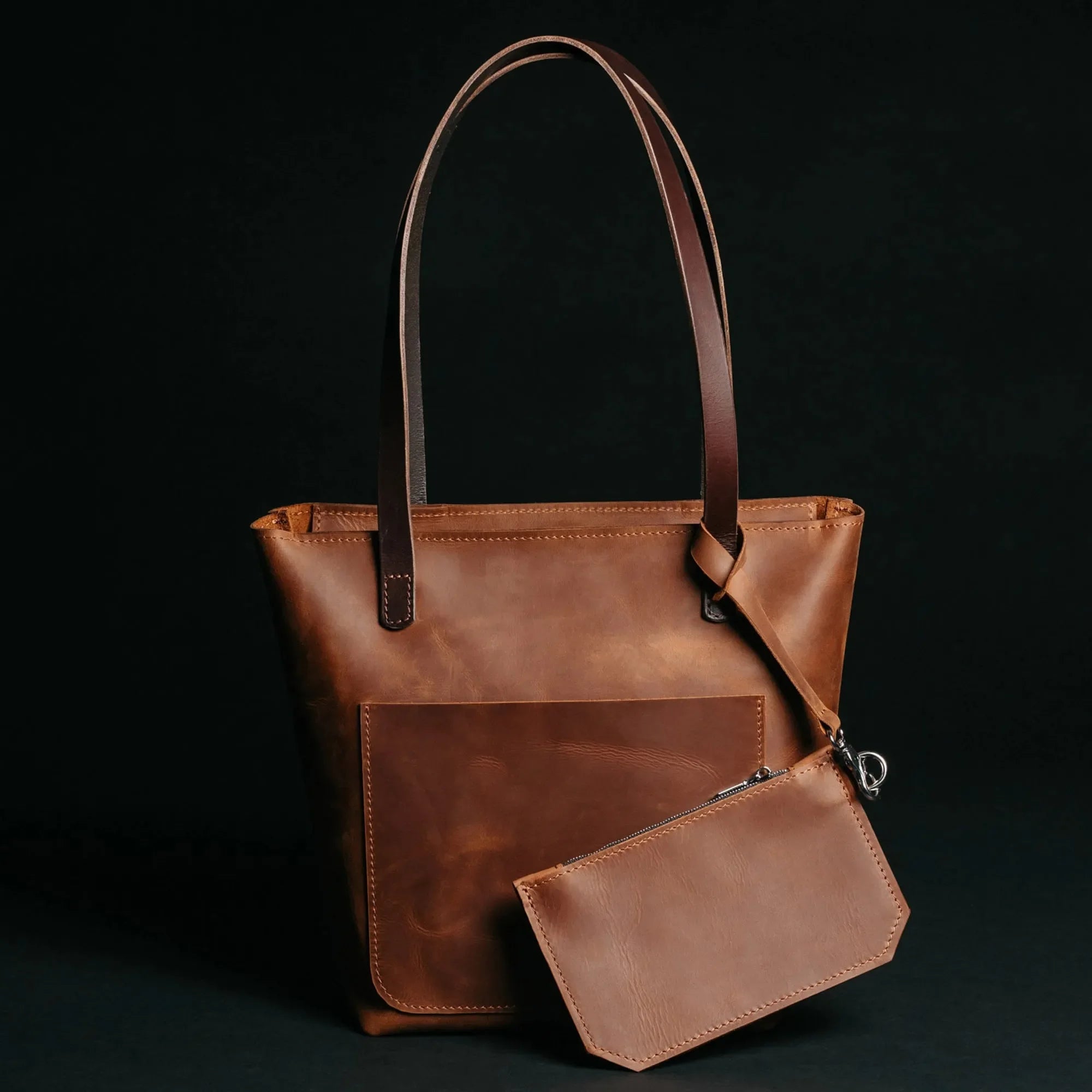 Distressed Cowhide Leather Tote Bag with Removable Pouch