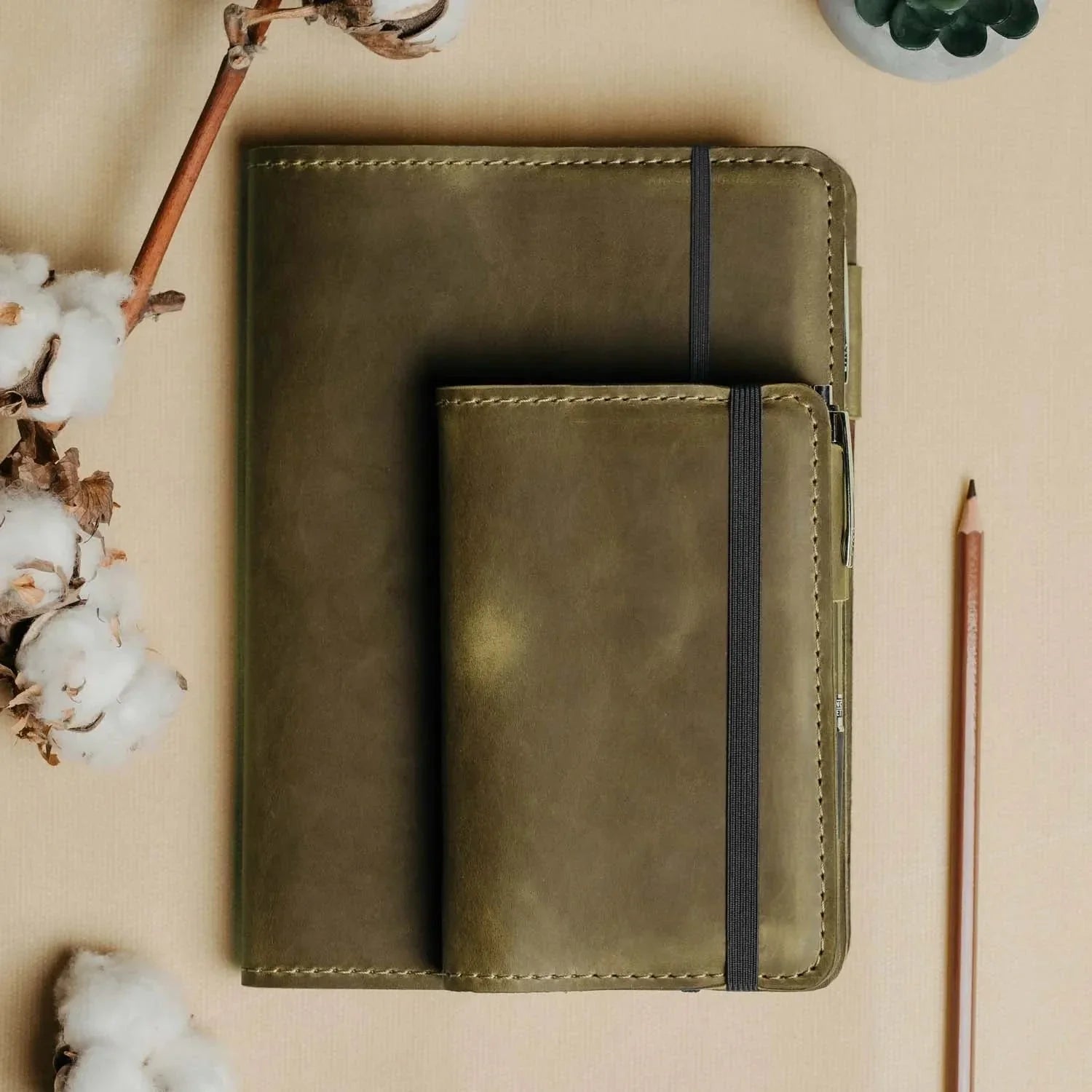 Distressed Leather Journal Cover – A6/A5/A4, Elastic + Pen Loop