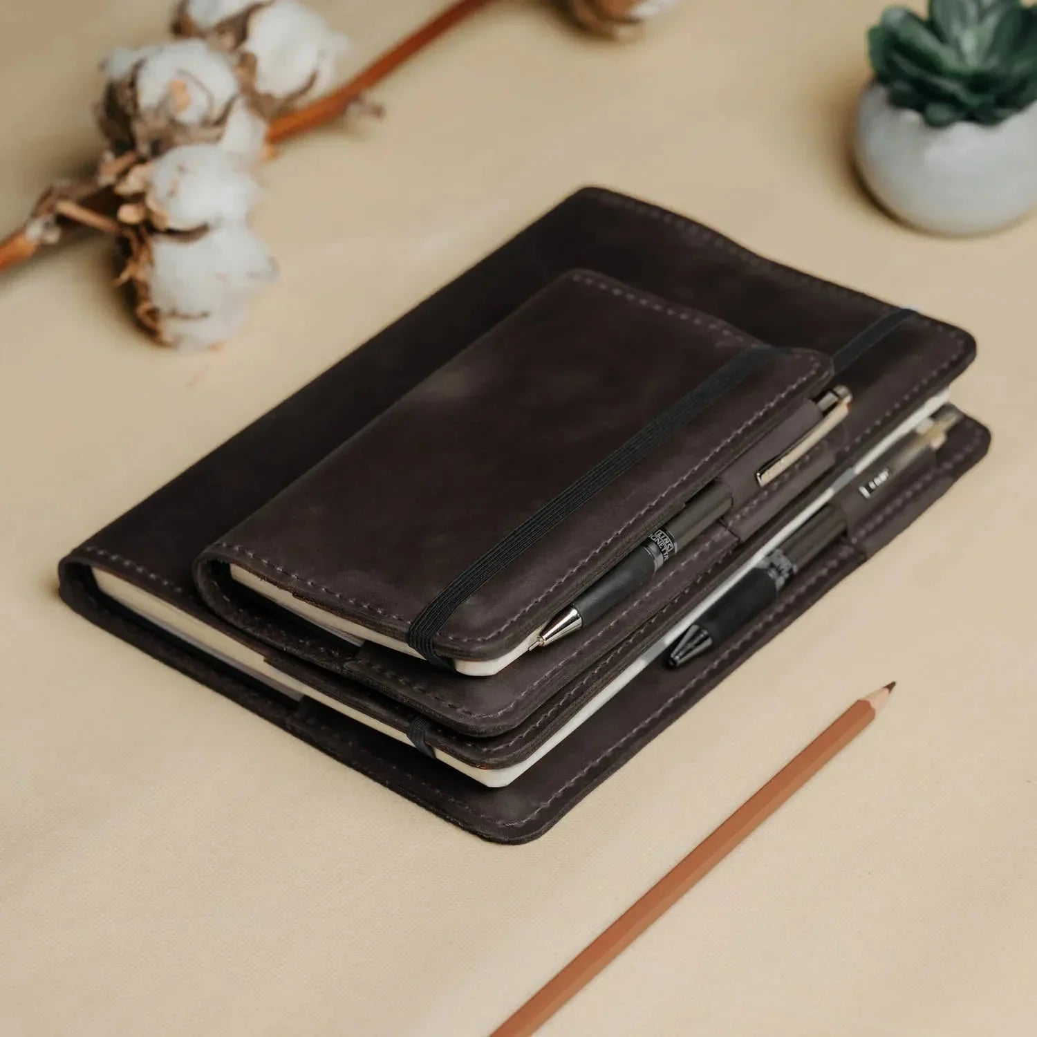 Distressed Leather Journal Cover – A6/A5/A4, Elastic + Pen Loop