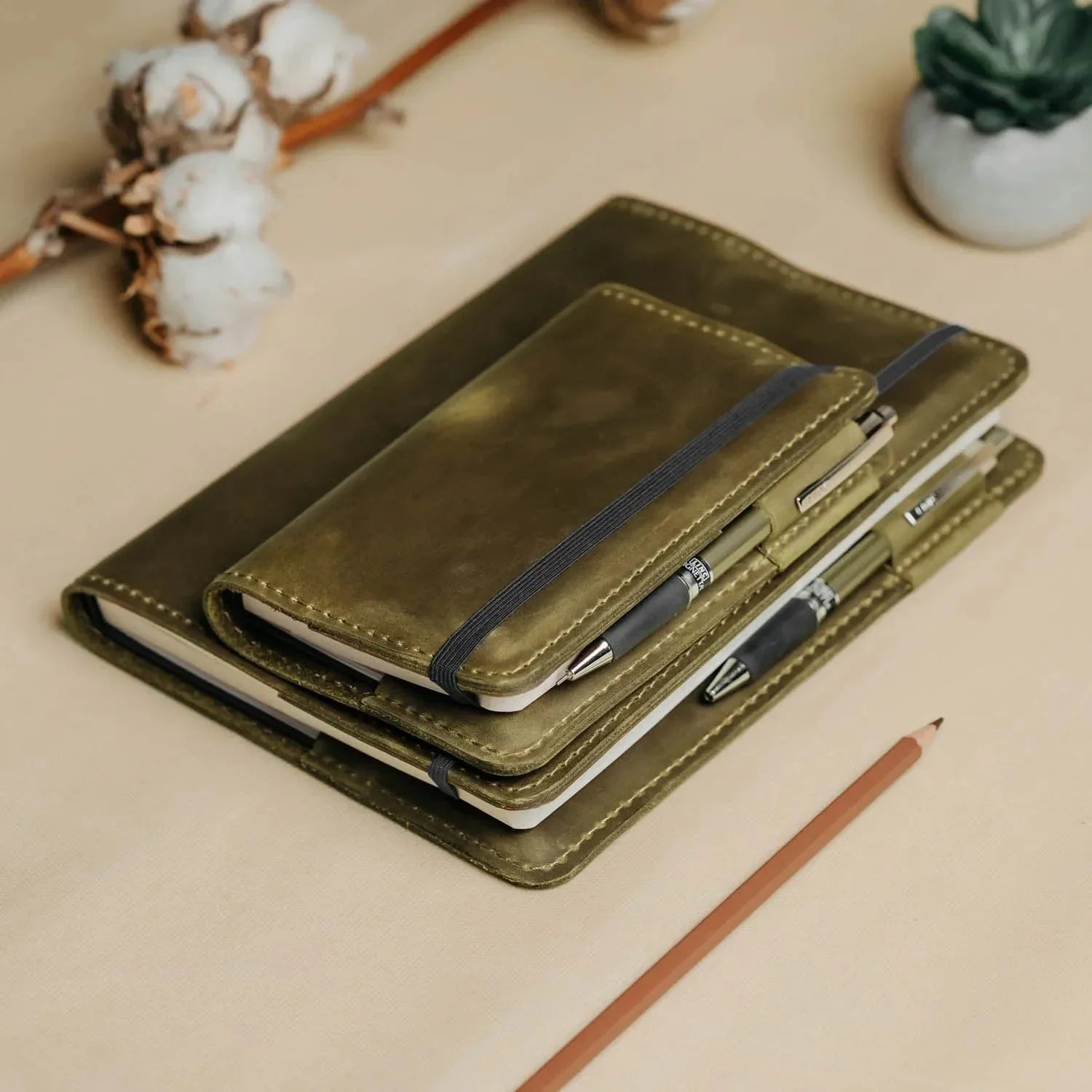 Distressed Leather Journal Cover – A6/A5/A4, Elastic + Pen Loop