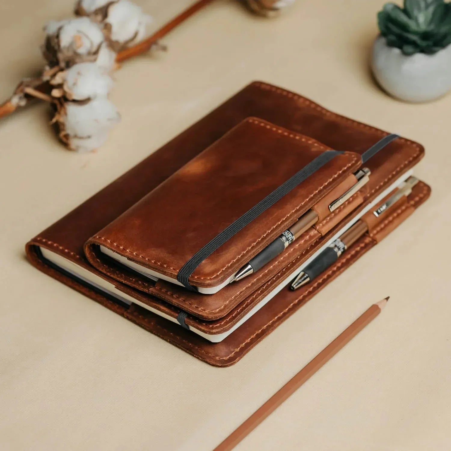Distressed Leather Journal Cover – A6/A5/A4, Elastic + Pen Loop