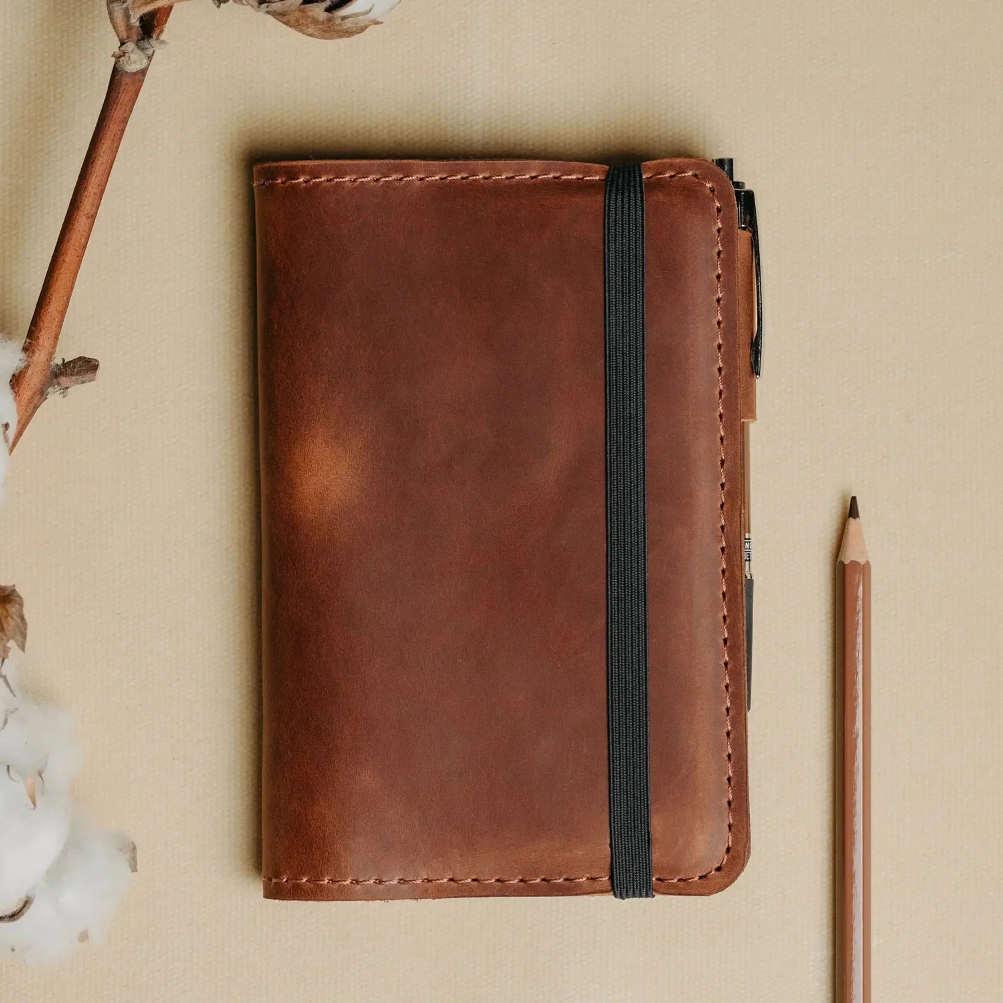 Distressed Leather Journal Cover – A6/A5/A4, Elastic + Pen Loop