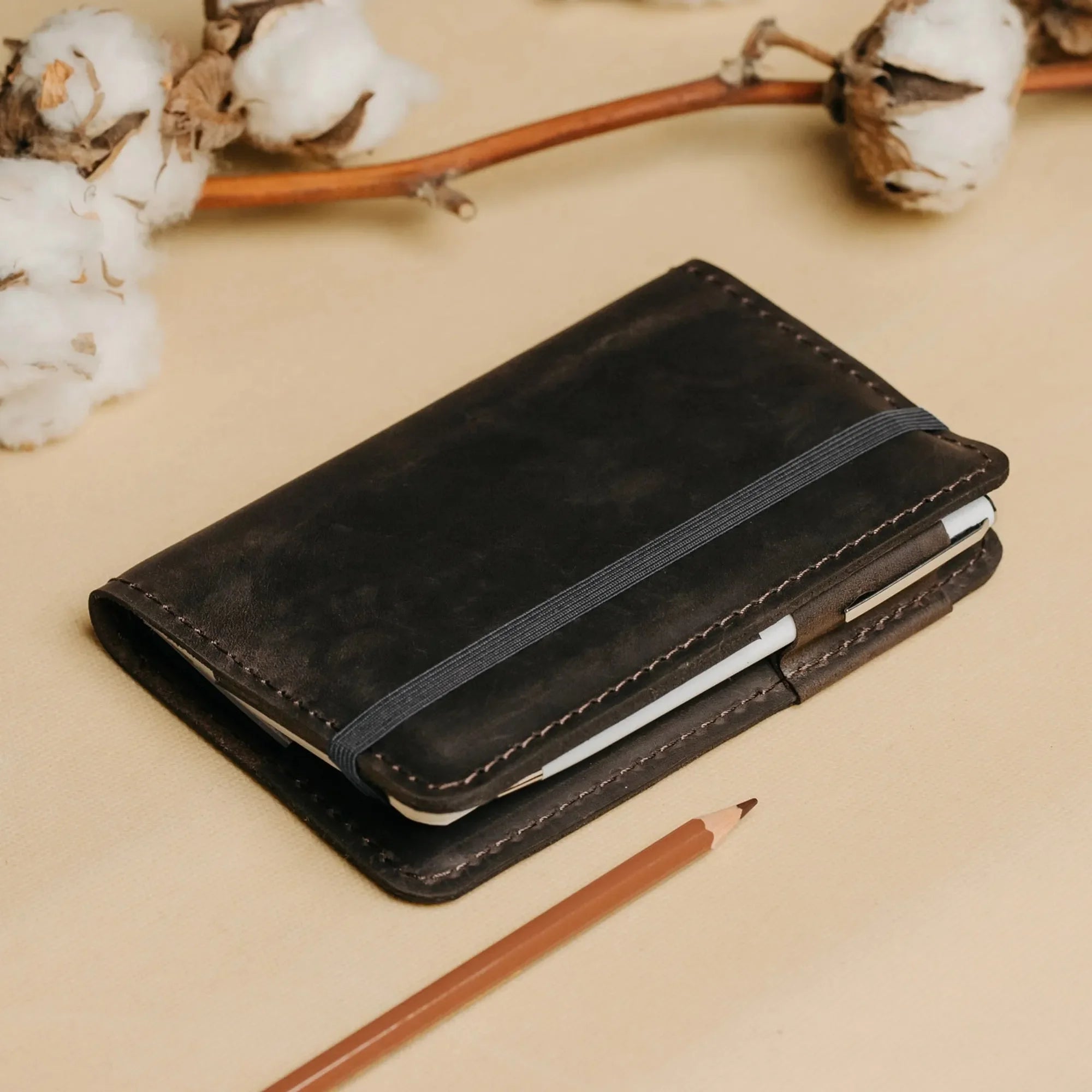 Distressed Leather Journal Cover – A6/A5/A4, Elastic + Pen Loop