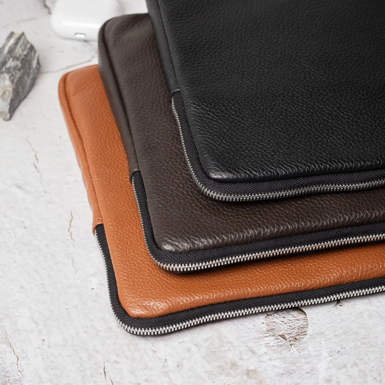 Full Grain Leather Zipper Folio for Laptop & Documents | Black