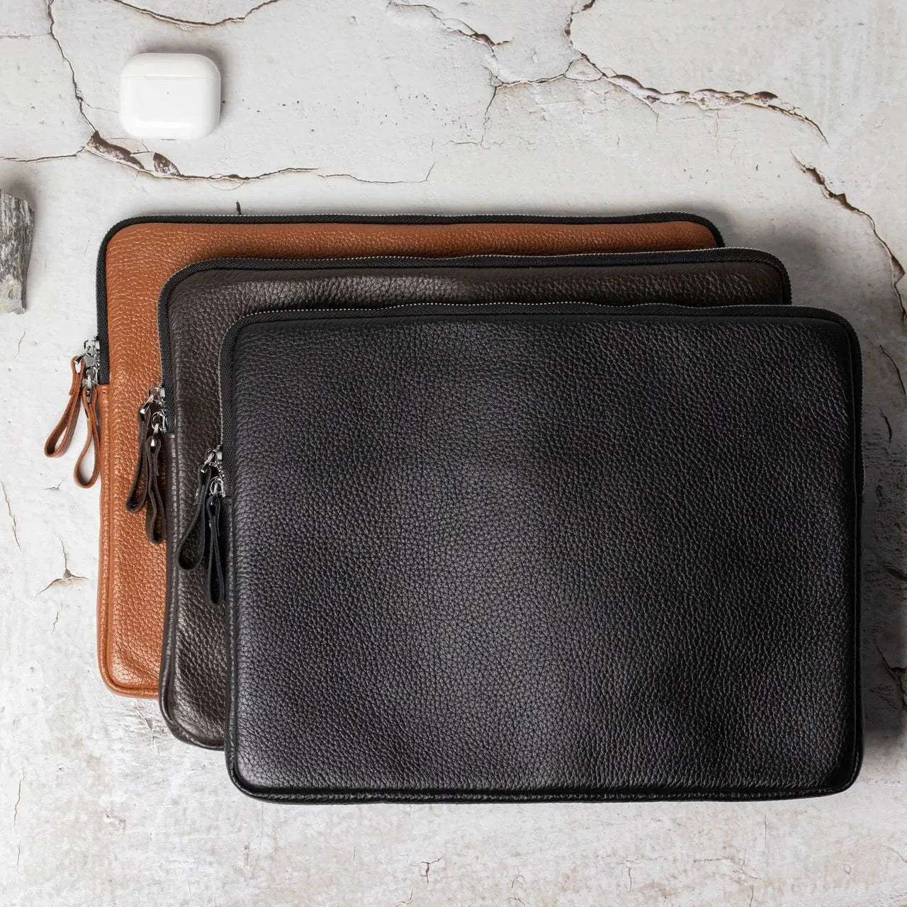 Full Grain Leather Zipper Folio for Laptop & Documents | Black
