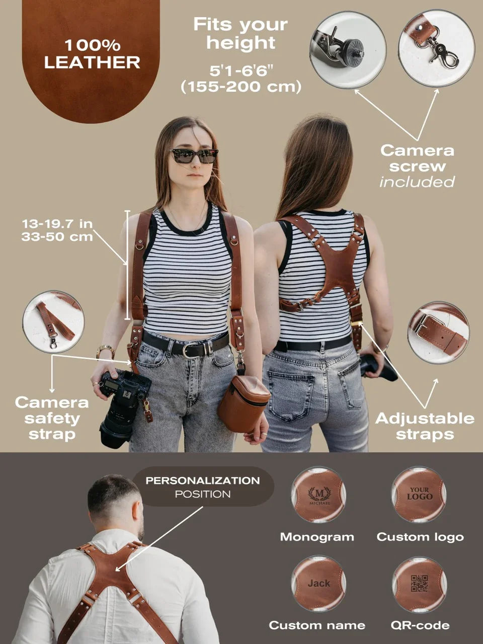Dual Camera Harness – Matte Leather with Custom Logo Option