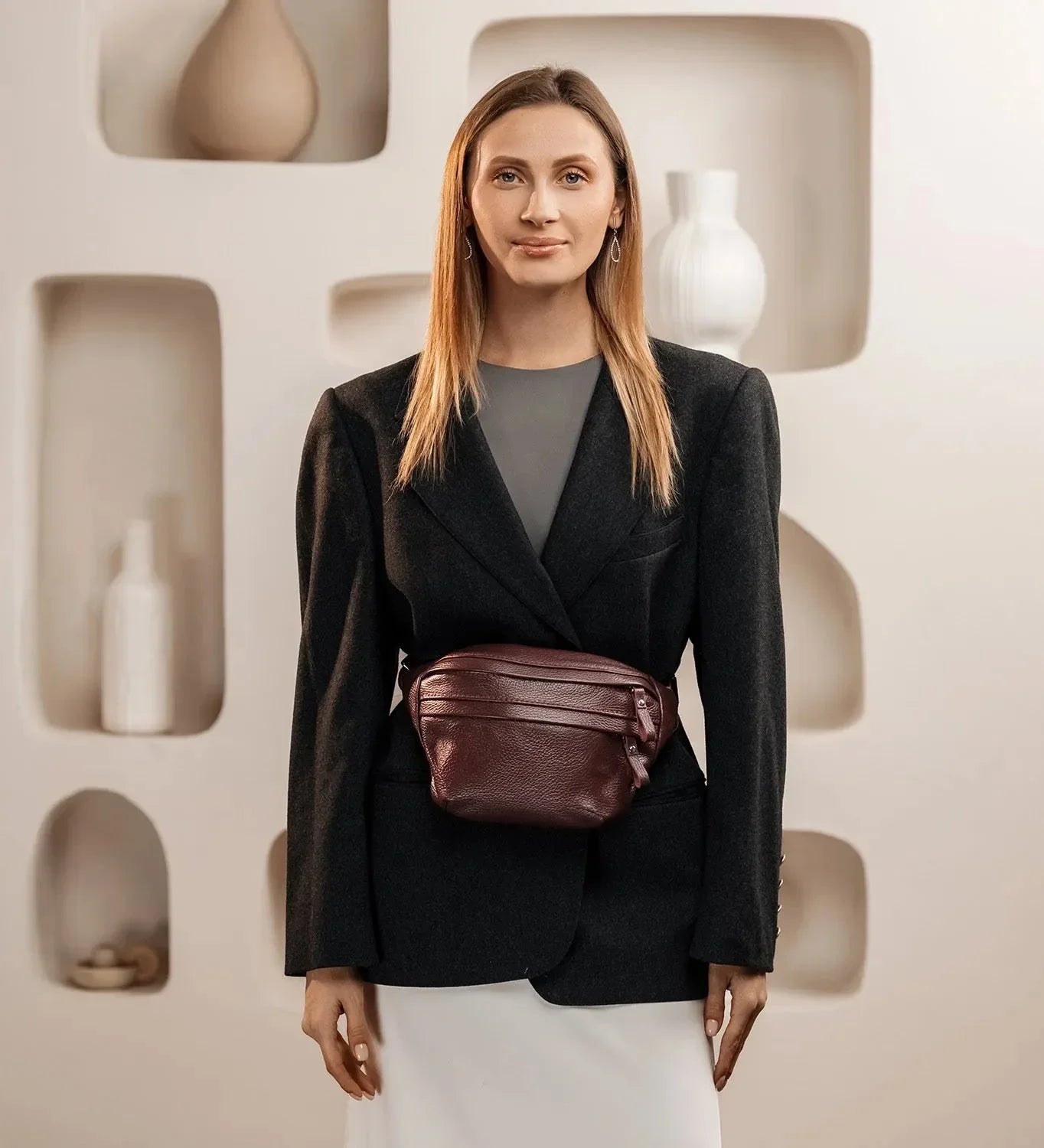 Grainy Leather Waist Bag with Zipper | B-Bag