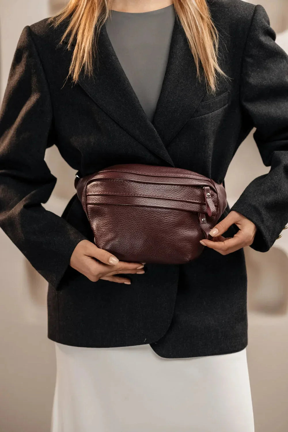 Grainy Leather Waist Bag with Zipper | B-Bag