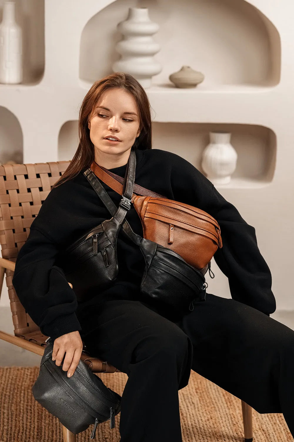 Leather Waist Bag with Zipper | Grainy Black - Wenderfarer