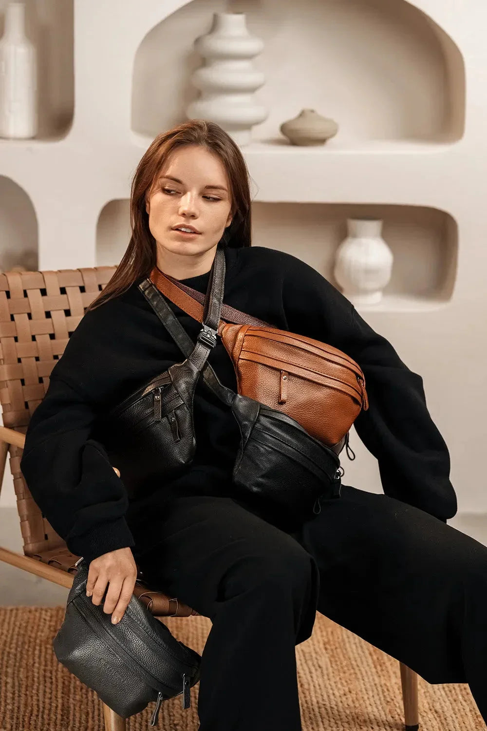Grainy Leather Waist Bag with Zipper | B-Bag