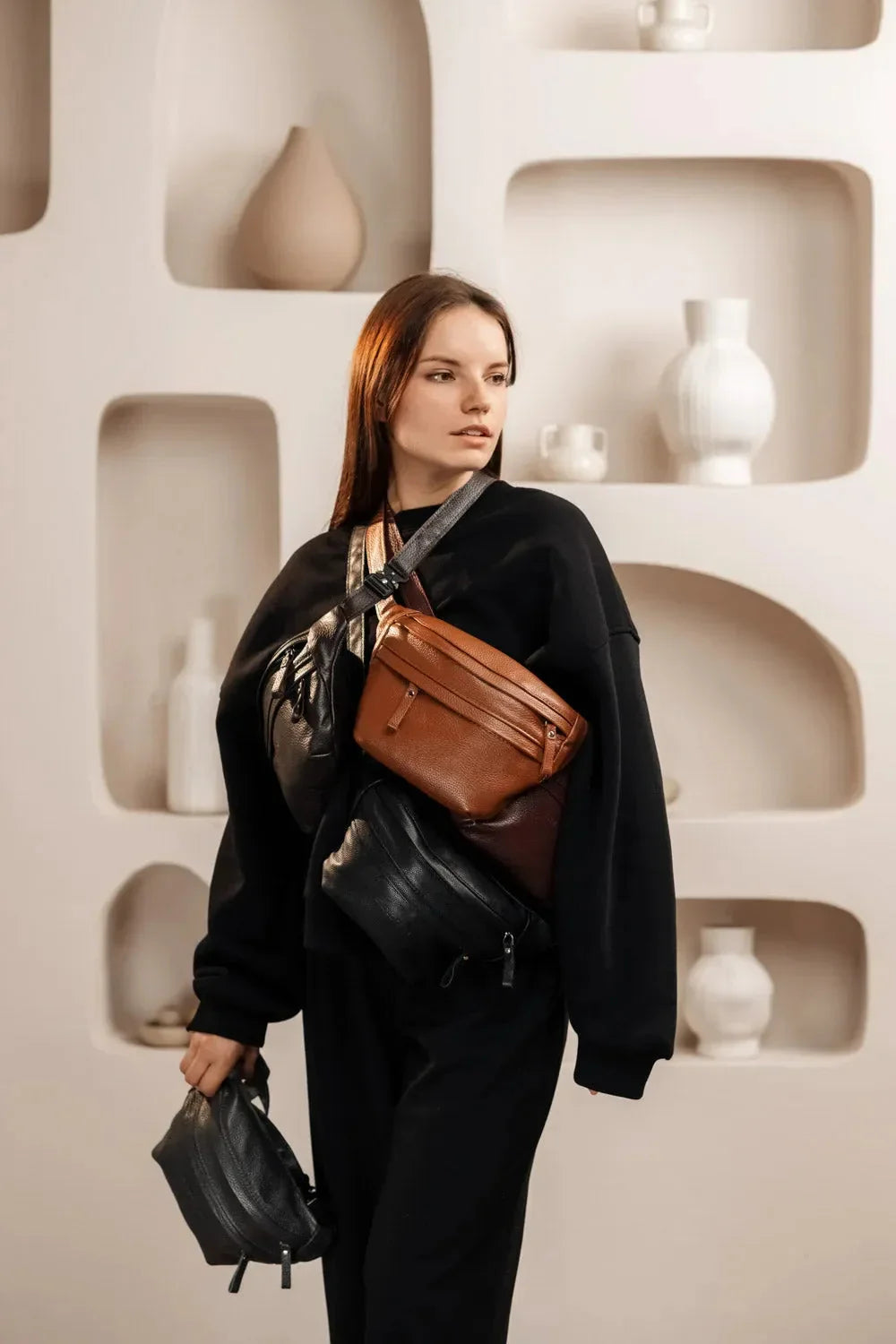 Grainy Leather Waist Bag with Zipper | B-Bag