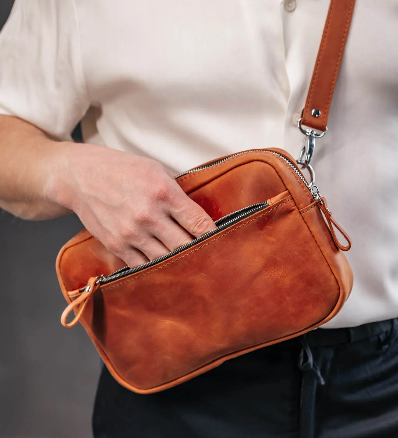 Zippered Leather Crossbody Bag for Men and Women | Orson