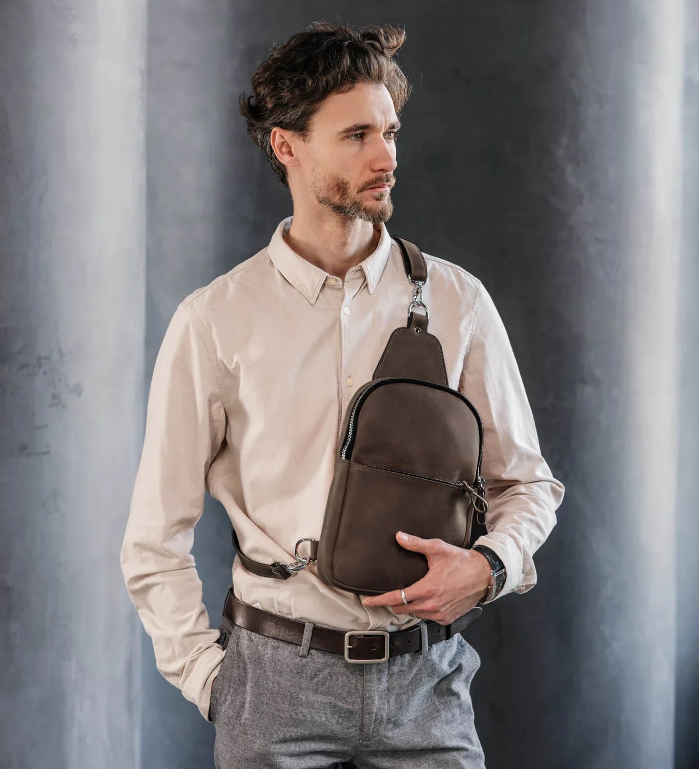 Matte Waxed Leather Sling Bag – Slim Crossbody & Semi-Backpack