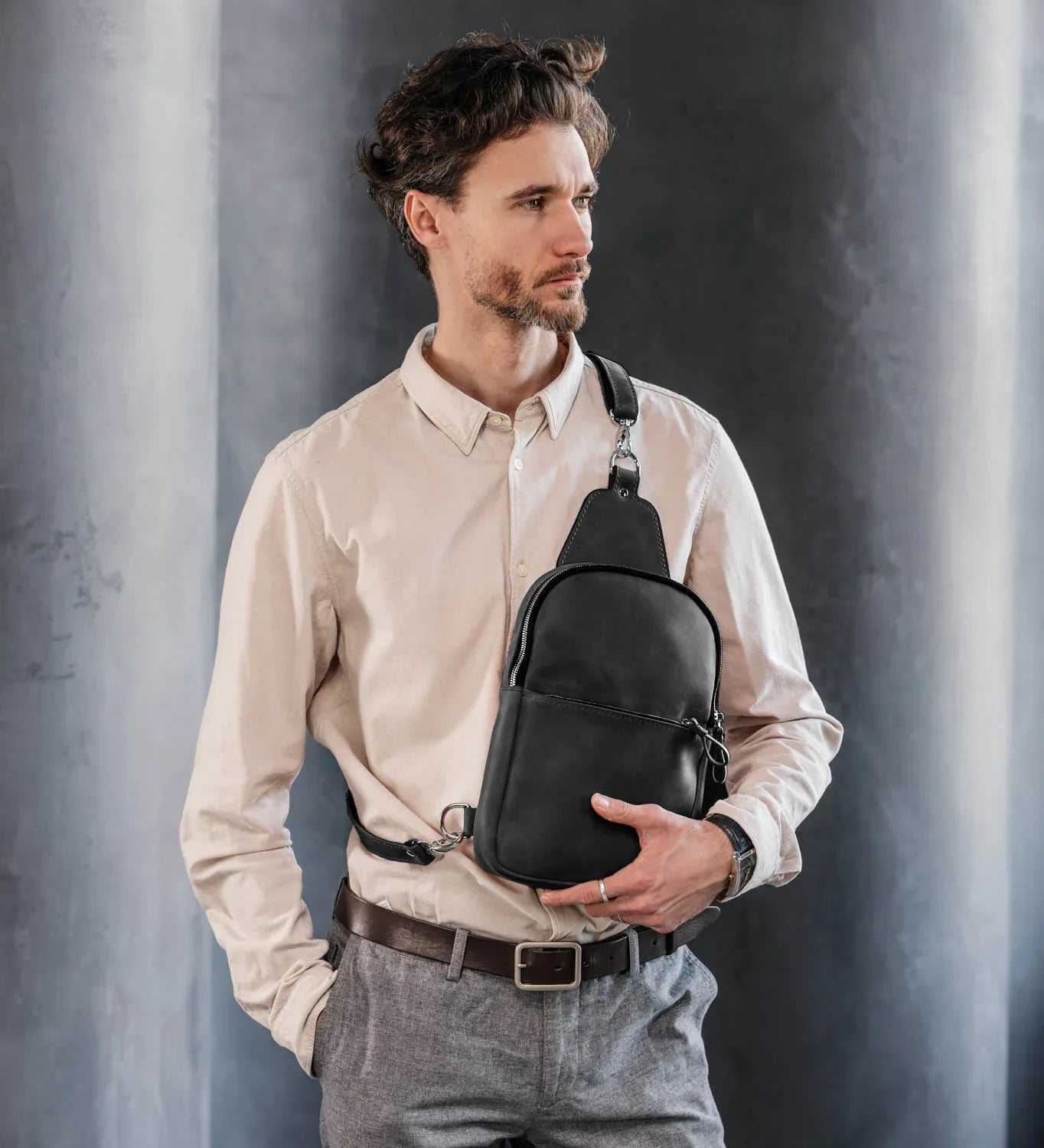 Matte Waxed Leather Sling Bag – Slim Crossbody & Semi-Backpack