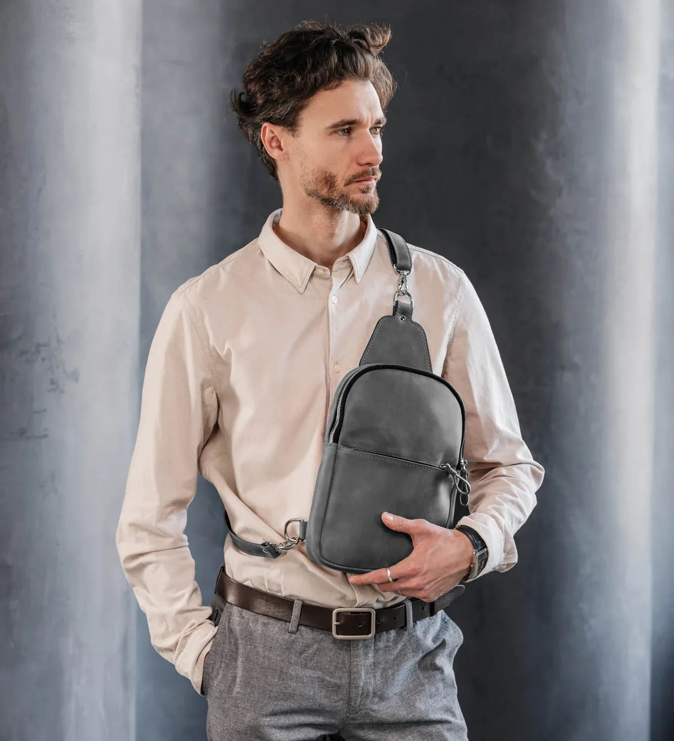 Matte Waxed Leather Sling Bag – Slim Crossbody & Semi-Backpack