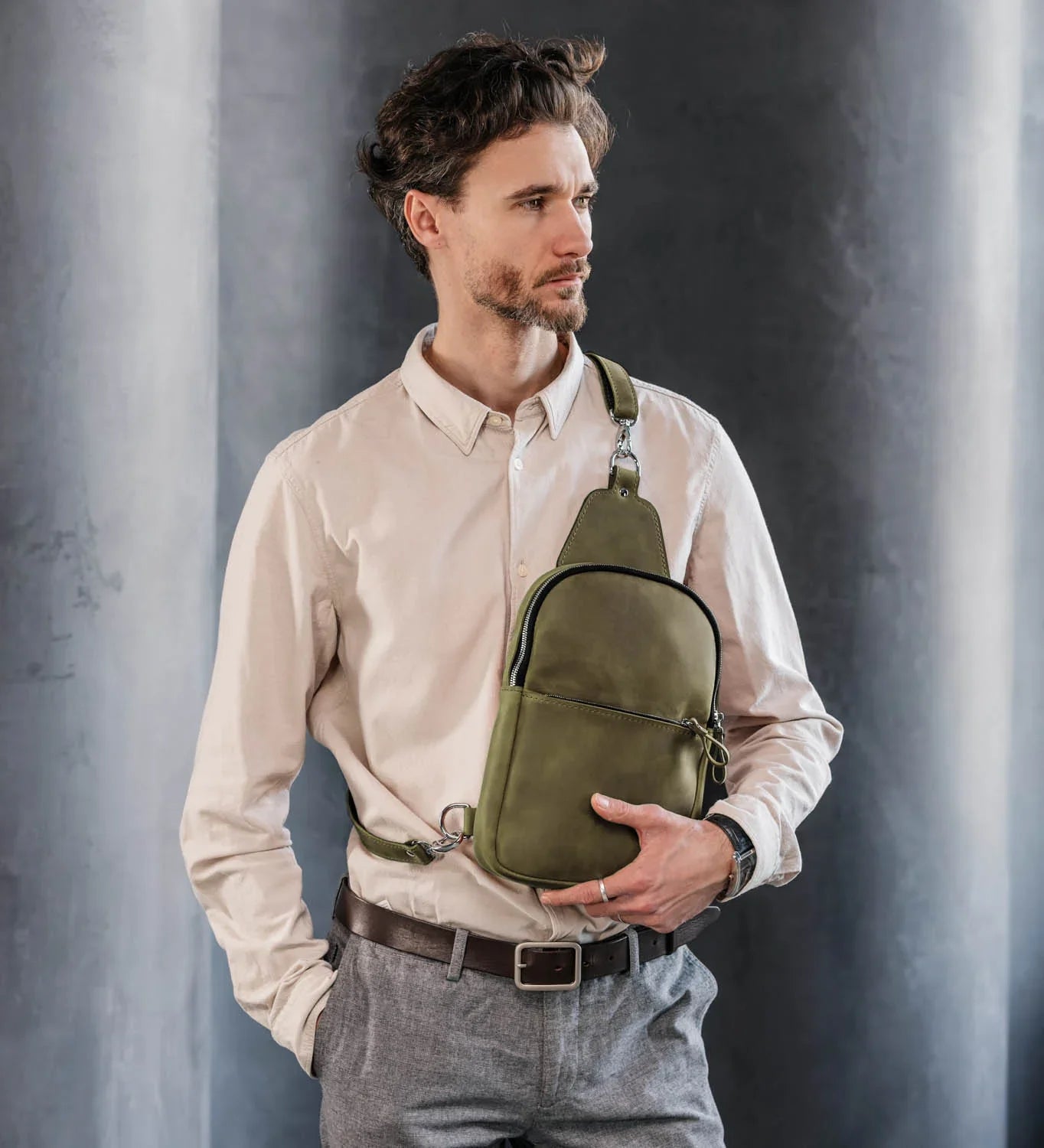 Matte Waxed Leather Sling Bag – Slim Crossbody & Semi-Backpack