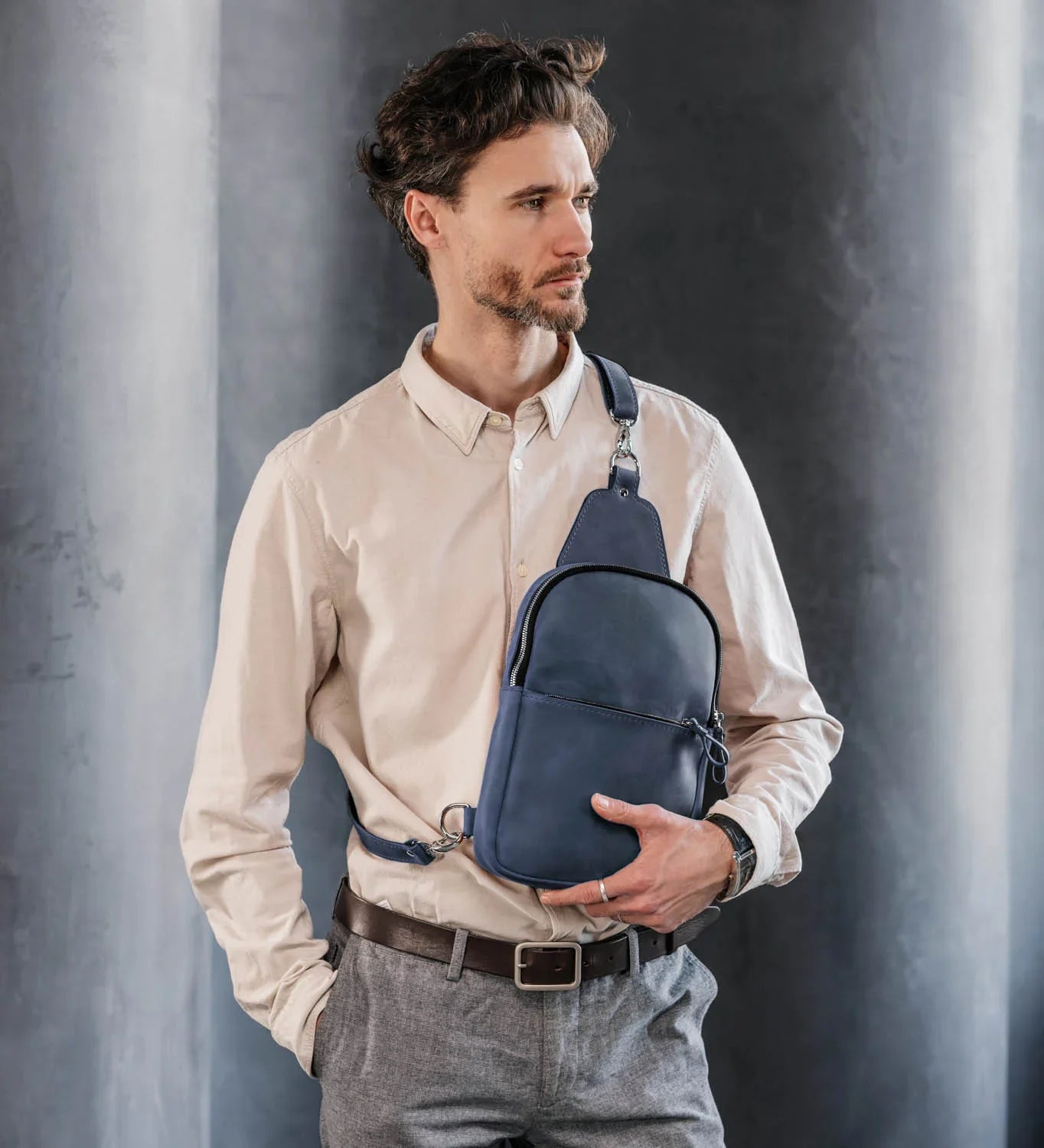 Matte Waxed Leather Sling Bag – Slim Crossbody & Semi-Backpack