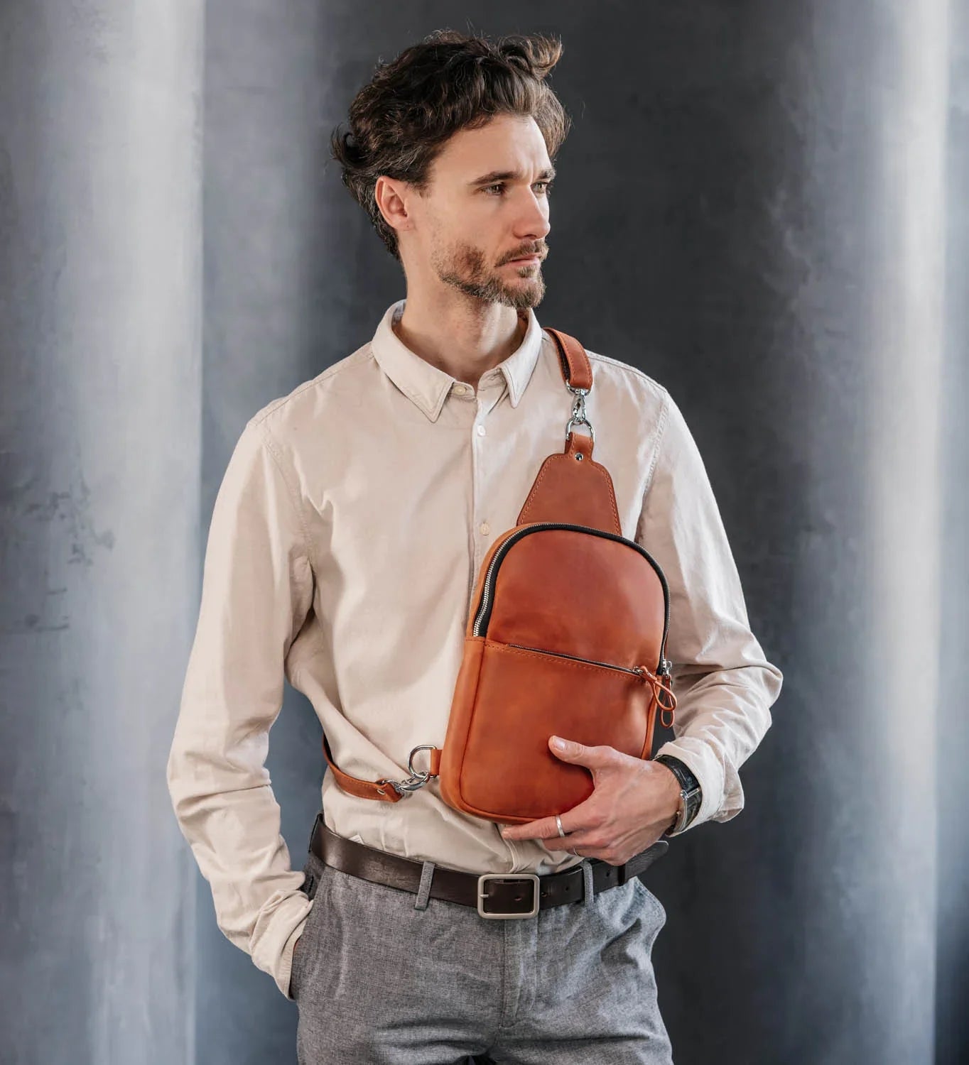 Matte Waxed Leather Sling Bag – Slim Crossbody & Semi-Backpack