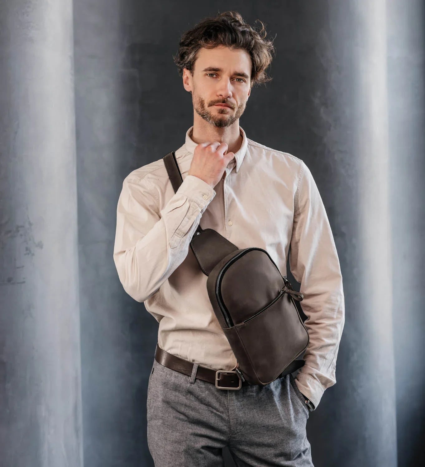 Matte Waxed Leather Sling Bag – Slim Crossbody & Semi-Backpack