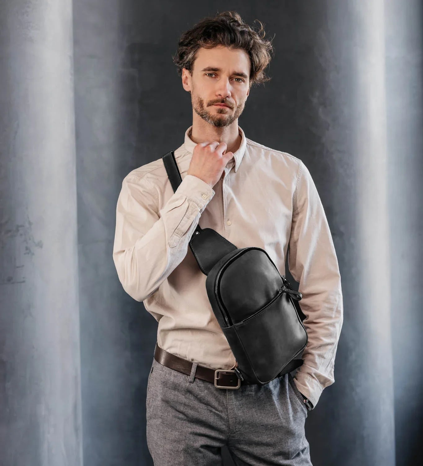 Matte Waxed Leather Sling Bag – Slim Crossbody & Semi-Backpack