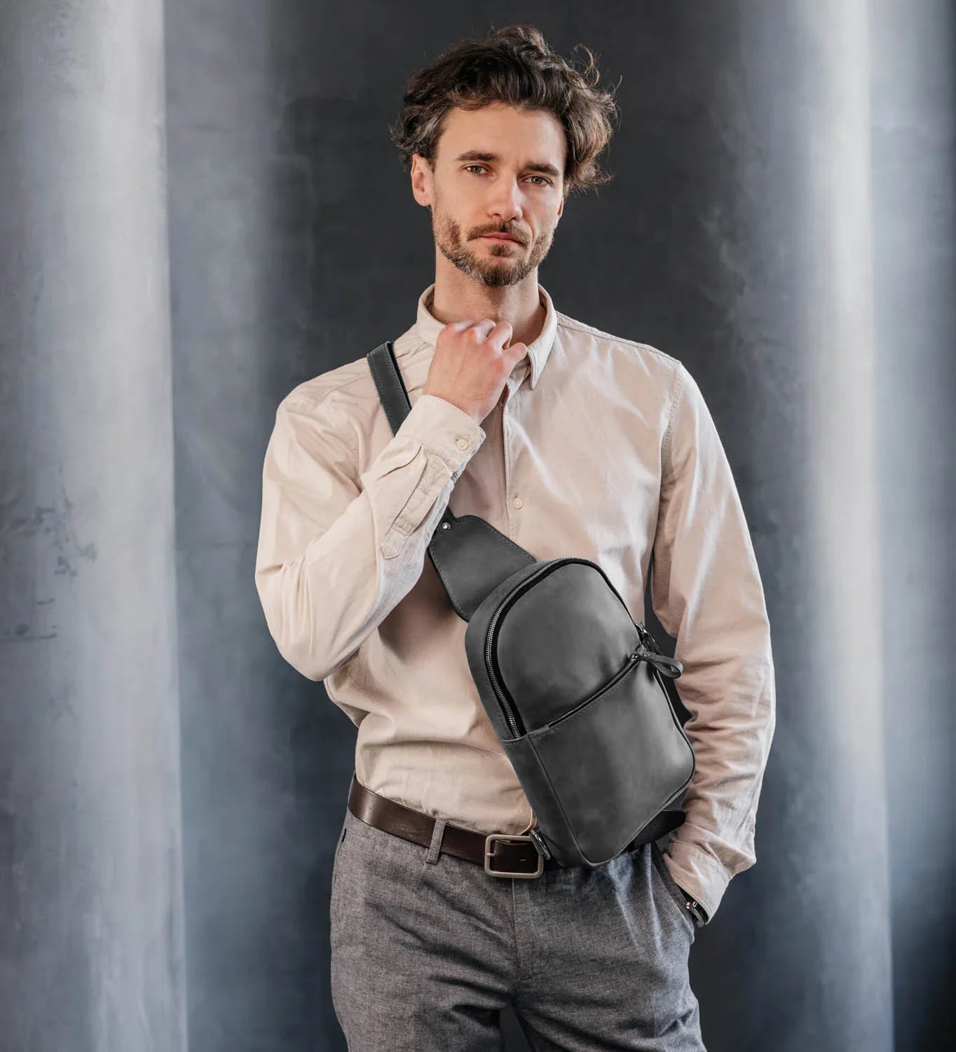 Matte Waxed Leather Sling Bag – Slim Crossbody & Semi-Backpack