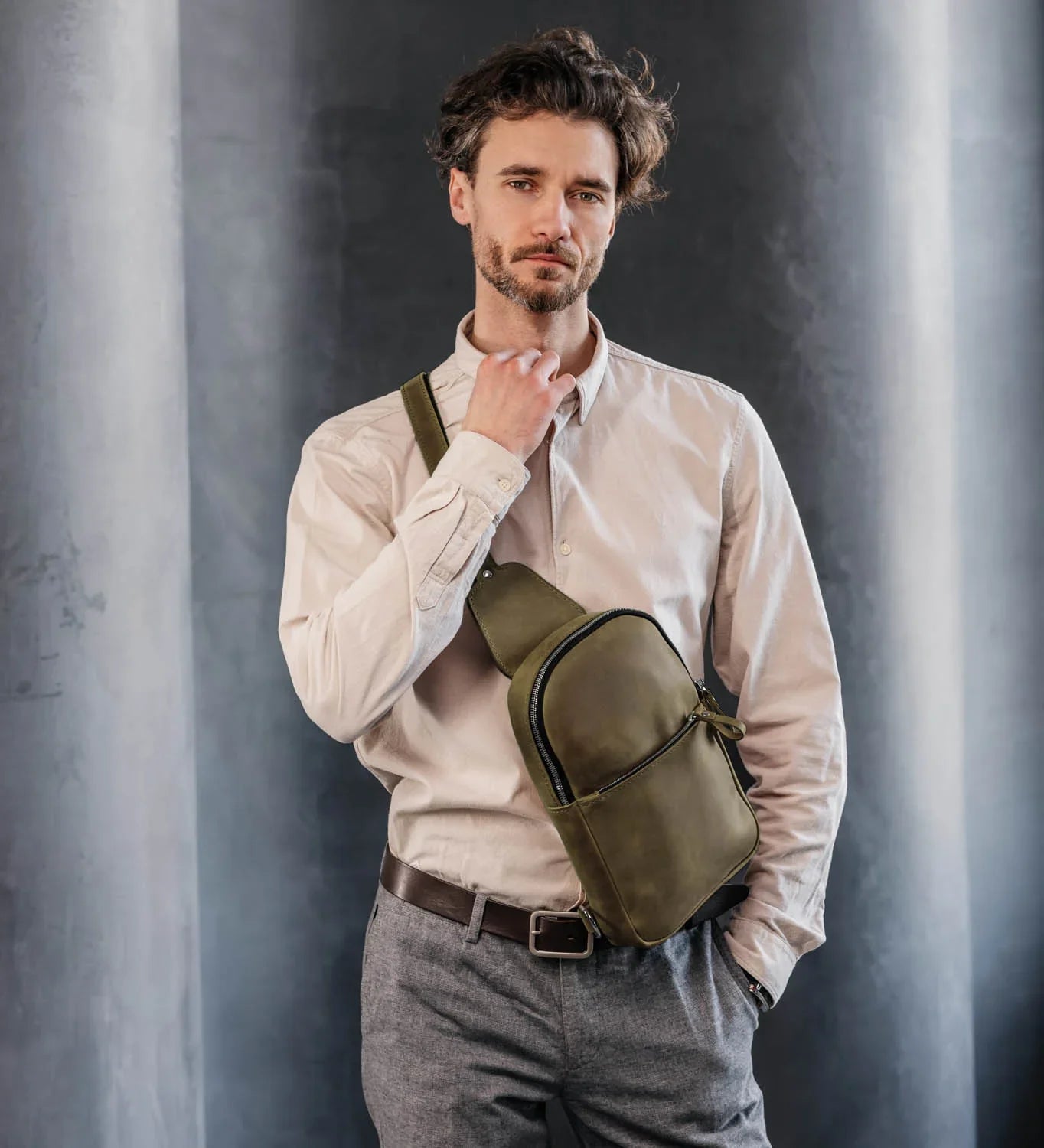 Matte Waxed Leather Sling Bag – Slim Crossbody & Semi-Backpack
