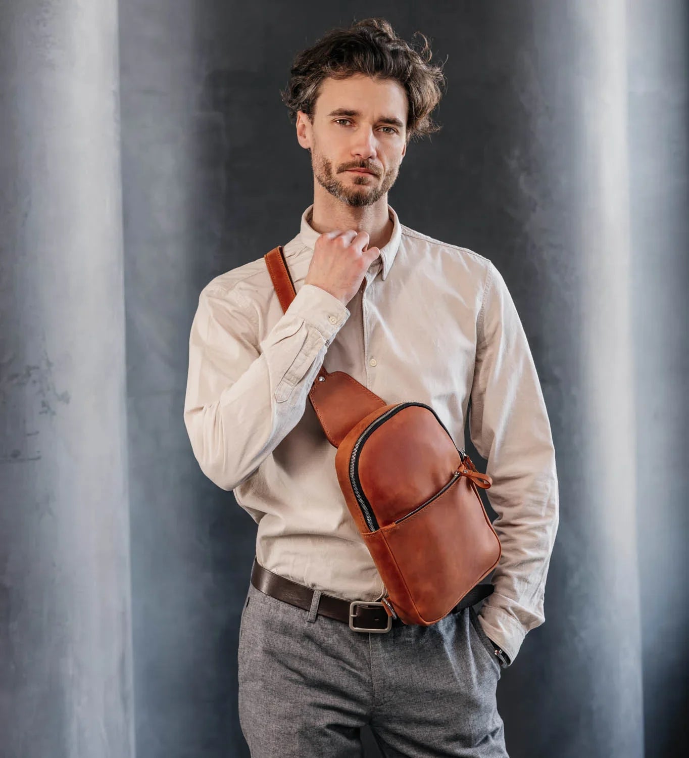 Matte Waxed Leather Sling Bag – Slim Crossbody & Semi-Backpack