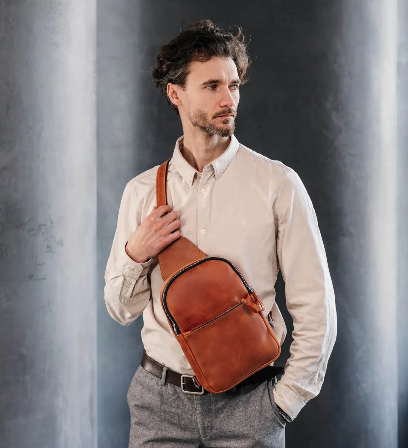 Matte Waxed Leather Sling Bag – Slim Crossbody & Semi-Backpack