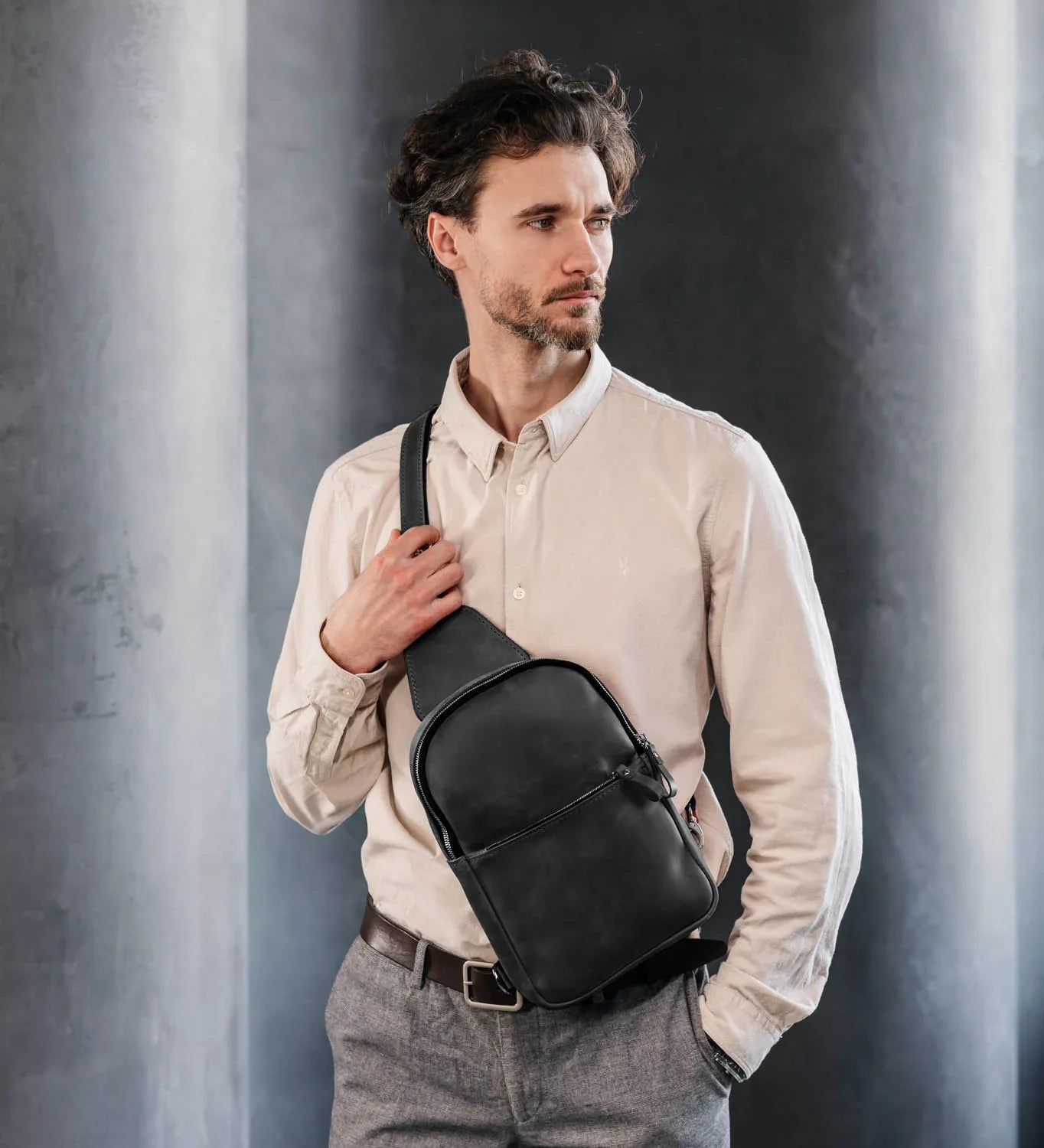 Matte Waxed Leather Sling Bag – Slim Crossbody & Semi-Backpack