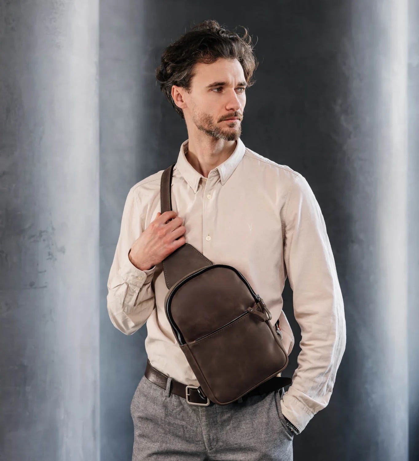 Matte Waxed Leather Sling Bag – Slim Crossbody & Semi-Backpack