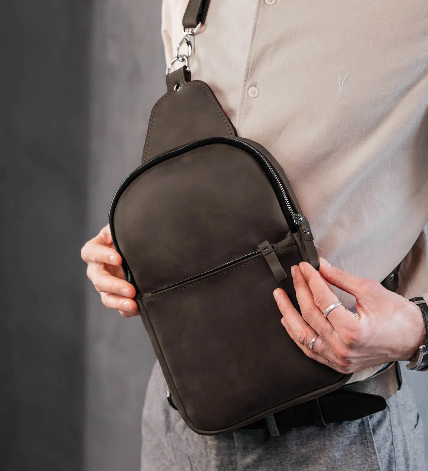 Matte Waxed Leather Sling Bag – Slim Crossbody & Semi-Backpack