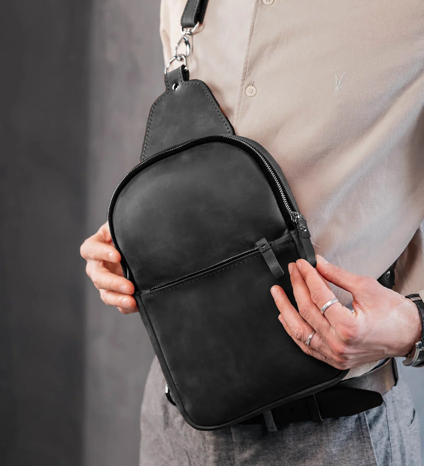 Matte Waxed Leather Sling Bag – Slim Crossbody & Semi-Backpack