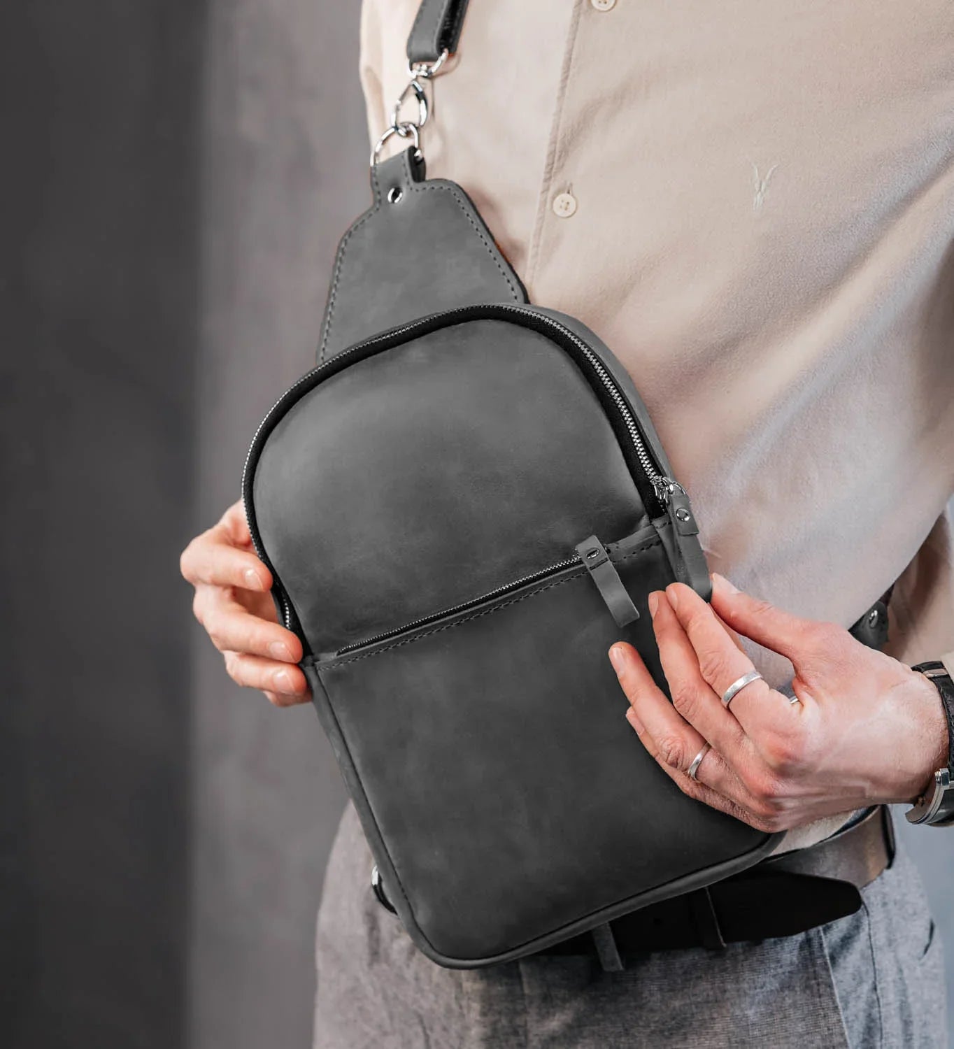 Matte Waxed Leather Sling Bag – Slim Crossbody & Semi-Backpack
