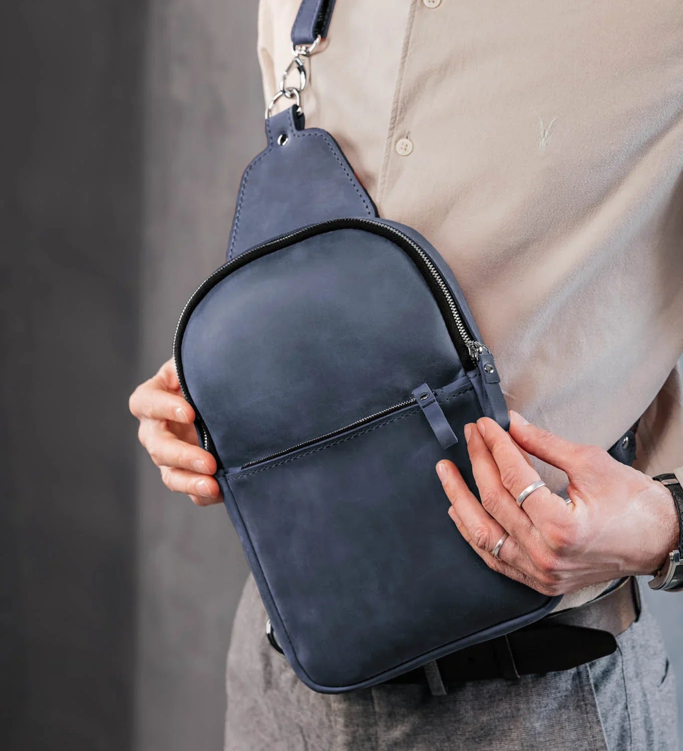 Matte Waxed Leather Sling Bag – Slim Crossbody & Semi-Backpack