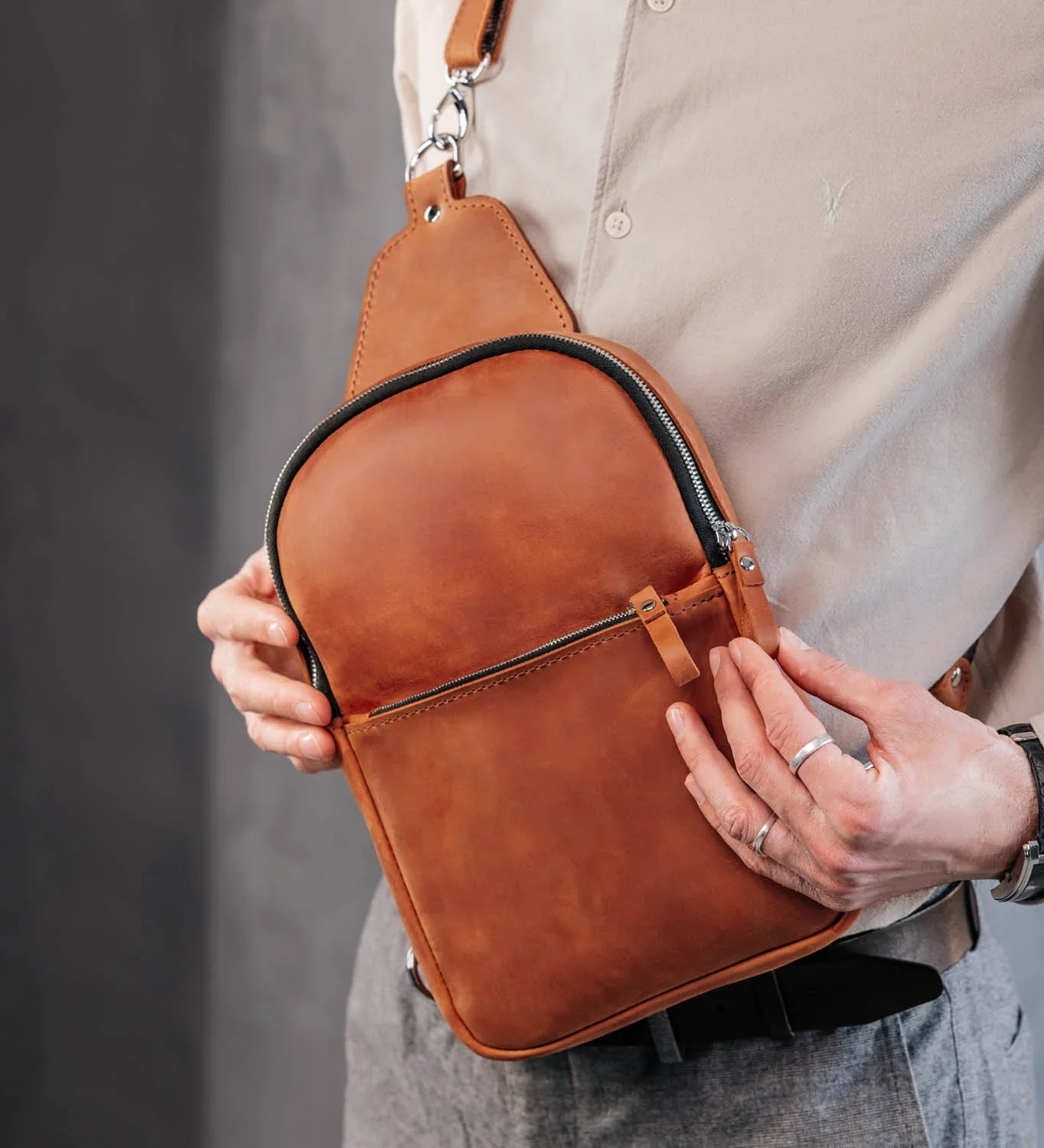 Matte Waxed Leather Sling Bag – Slim Crossbody & Semi-Backpack