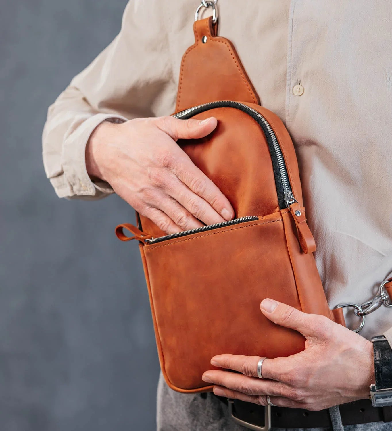 Matte Waxed Leather Sling Bag – Slim Crossbody & Semi-Backpack