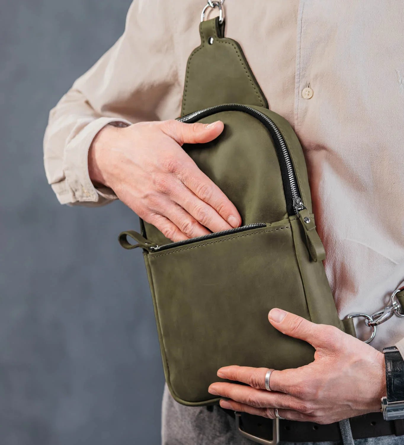 Matte Waxed Leather Sling Bag – Slim Crossbody & Semi-Backpack